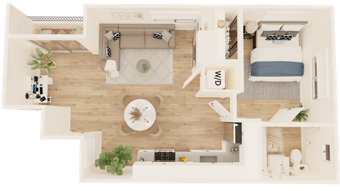 Floor plan for 1 bed, 1 bath, 590 sqft